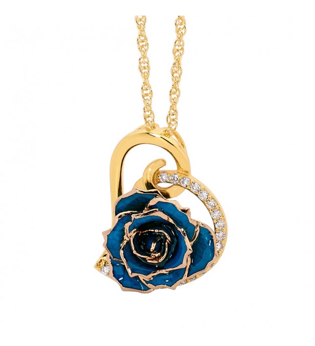 Blue Glazed Rose Heart Pendant 24K Gold