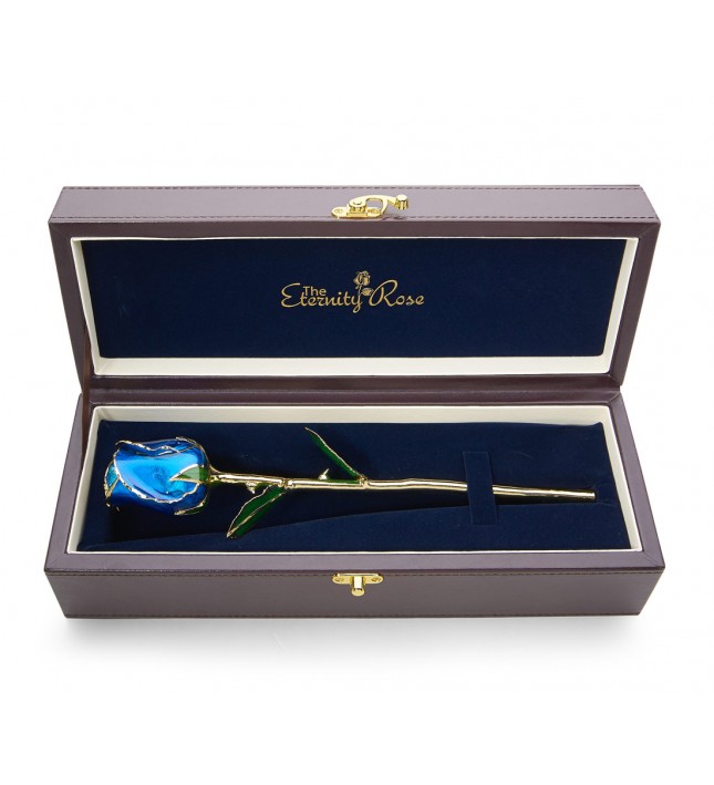 Blue Tight Bud Glazed Rose Trimmed with 24K Gold 11"