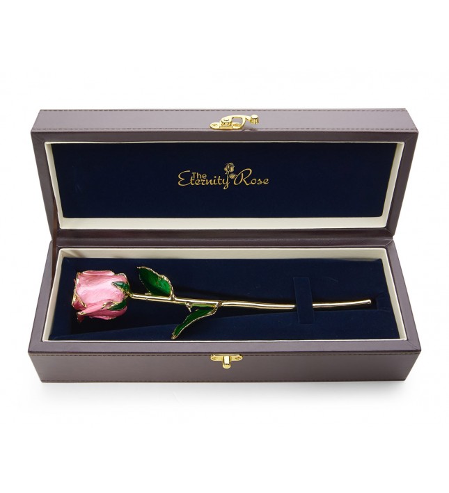 Pink Tight Bud Glazed Rose Trimmed with 24K Gold 11"
