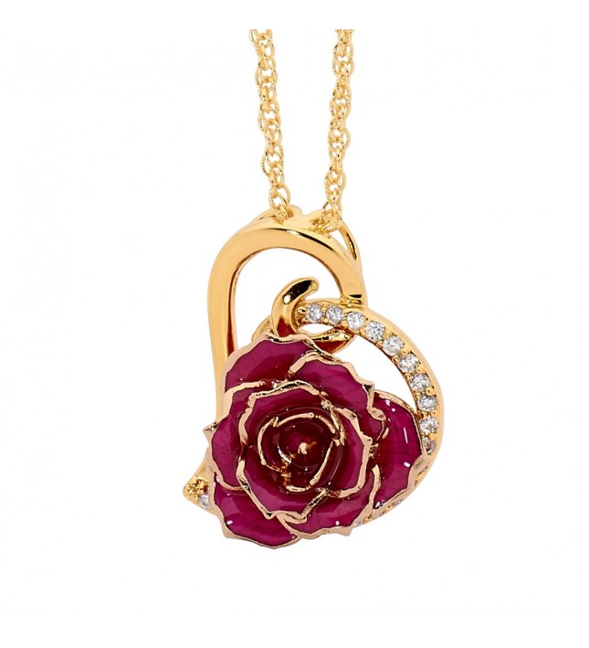 Purple Glazed Rose Heart Pendant 24K Gold