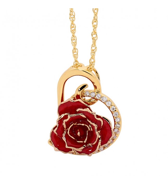 Red Glazed Rose Heart Pendant 24K Gold