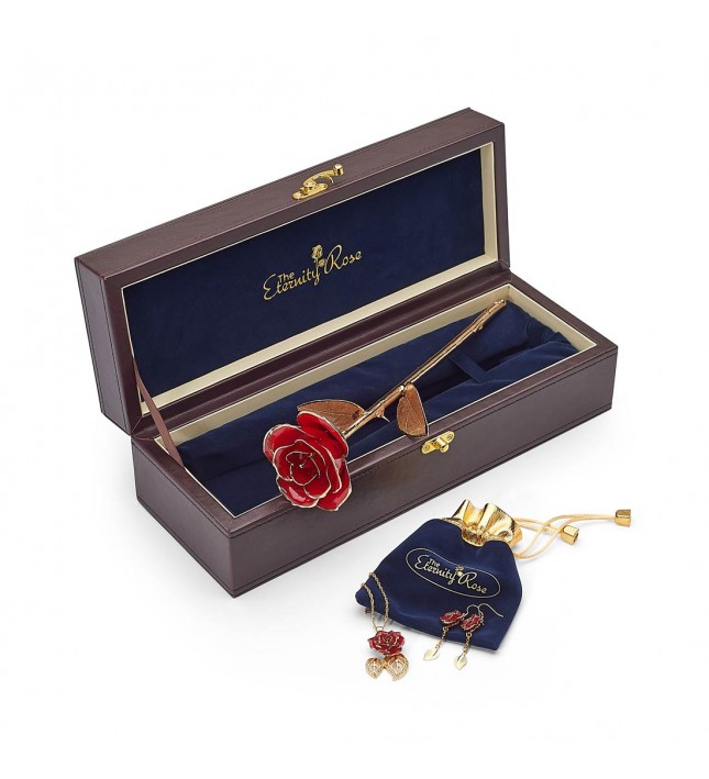 Red Matched Set in 24k Gold Leaf Theme. Rose, Pendant & Earrings