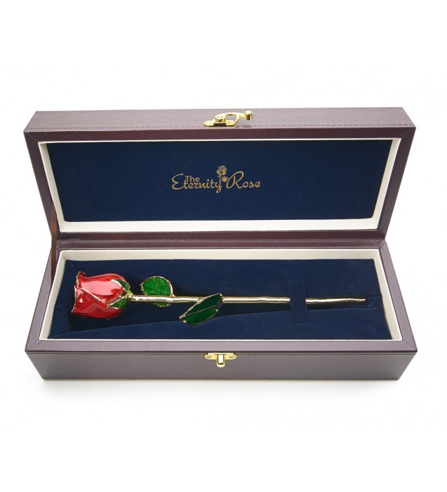 Red Tight Bud Glazed Rose Trimmed with 24K Gold 11"