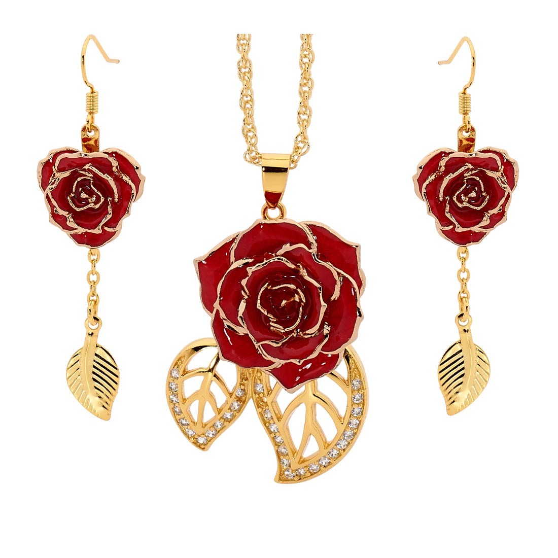 Gold Dipped Rose & Red Matched Jewelry Set in Leaf Theme