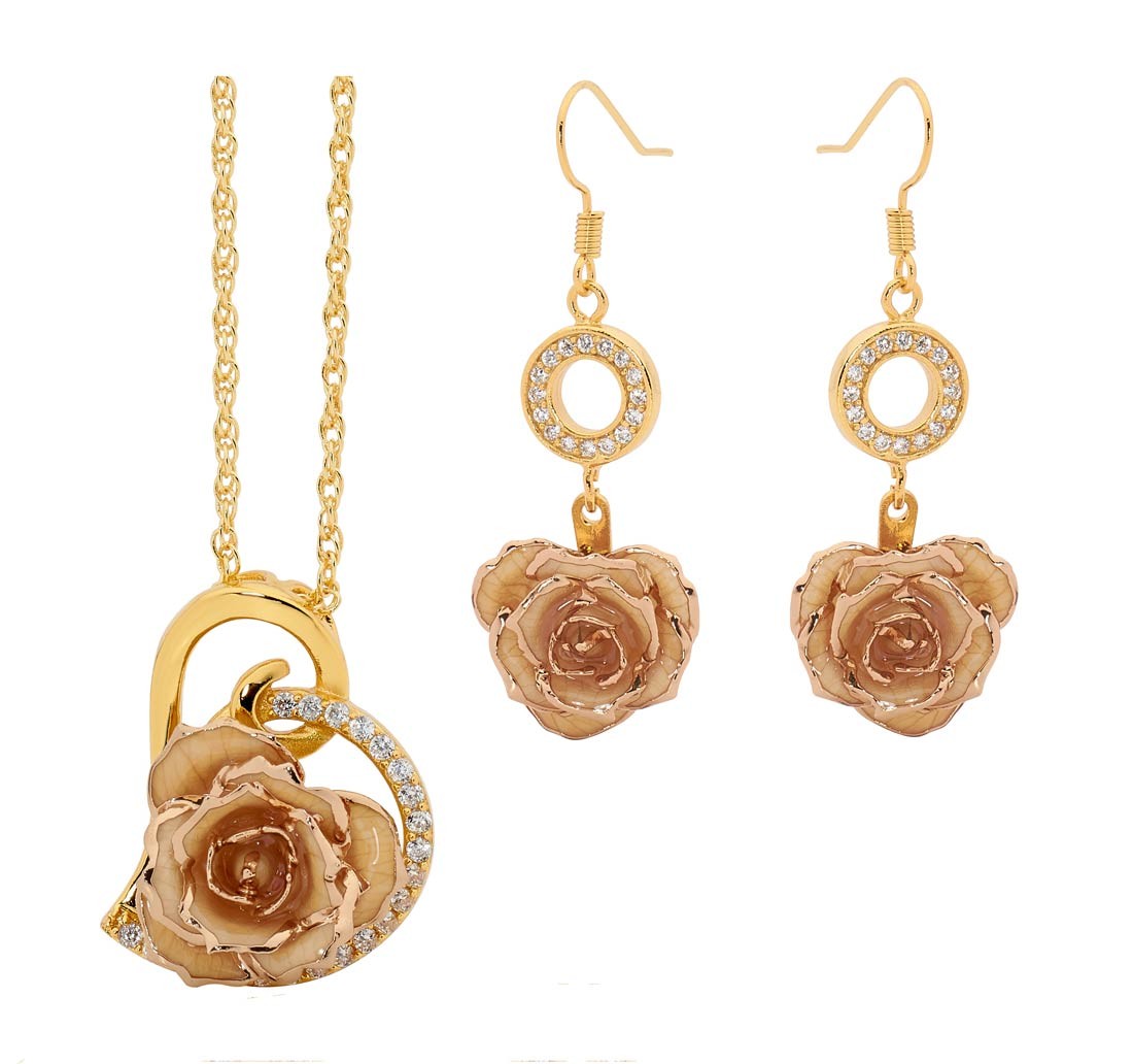 White Matched Set in 24K Gold Heart Theme. Glazed Rose Pendant & Earrings