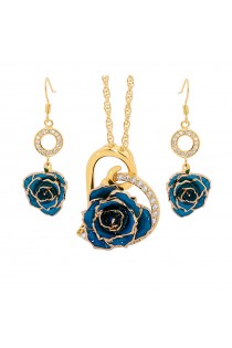 Blue Matched Set in Gold Heart Theme. Tight Bud Rose, Pendant & Earrings