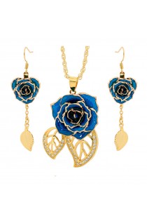 Blue Matched Set in Gold Leaf Theme. Tight Bud Rose, Pendant & Earrings