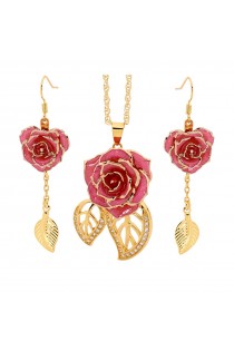 Pink Matched Set in 24k Gold Leaf Theme. Rose, Pendant & Earrings