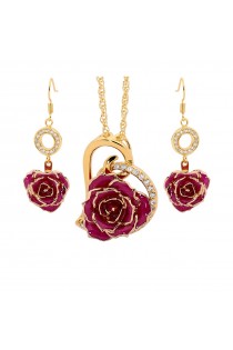 Purple Matched Set in Gold Heart Theme. Tight Bud Rose, Pendant & Earrings