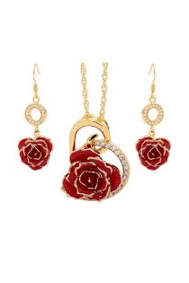 Red Matched Set in Gold Heart Theme. Tight Bud Rose, Pendant & Earrings