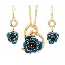 Blue Matched Set in Gold Heart Theme. Tight Bud Rose, Pendant & Earrings