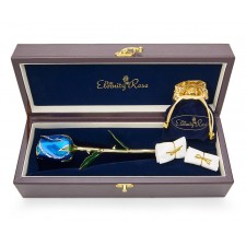Blue Matched Set in Gold Leaf Theme. Tight Bud Rose, Pendant & Earrings