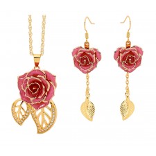 Pink Leaf Theme Pendant and Earring Set