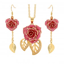 Pink Matched Set in Gold Leaf Theme. Tight Bud Rose, Pendant & Earrings