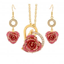 Pink Matched Set in Gold Heart Theme. Tight Bud Rose, Pendant & Earrings