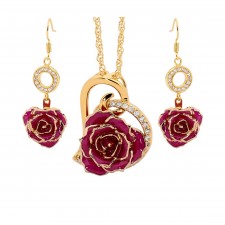 Purple Matched Set in Gold Heart Theme. Tight Bud Rose, Pendant & Earrings