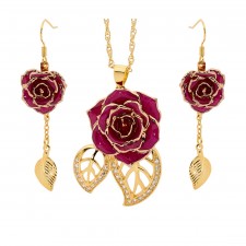 Purple Matched Set in Gold Leaf Theme. Tight Bud Rose, Pendant & Earrings