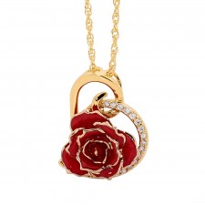 Red Glazed Rose Heart Pendant 24K Gold