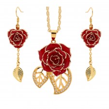 Red Matched Set in 24k Gold Leaf Theme. Tight Bud Rose, Pendant & Earrings