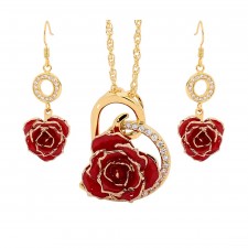 Red Matched Set in Gold Heart Theme. Tight Bud Rose, Pendant & Earrings