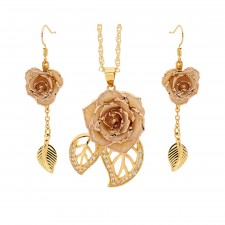 White Matched Set in Gold Leaf Theme. Tight Bud Rose, Pendant & Earrings
