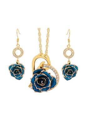 Blue Matched Set in Gold Heart Theme. Tight Bud Rose, Pendant & Earrings