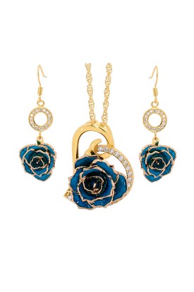 Blue Matched Set in Gold Heart Theme. Tight Bud Rose, Pendant & Earrings