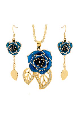 Gold-Dipped Rose & Blue Matched Jewelry Set in Leaf Theme