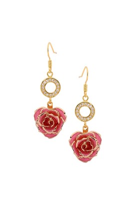 Pink Glazed Rose Earrings in 24K Gold