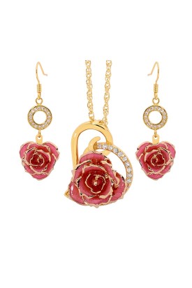 Pink Matched Set in Gold Heart Theme. Tight Bud Rose, Pendant & Earrings