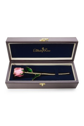 Pink Tight Bud Glazed Rose Trimmed with 24K Gold 11"