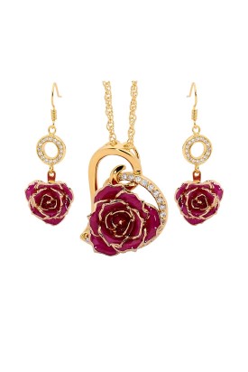 Purple Matched Set in Gold Heart Theme. Tight Bud Rose, Pendant & Earrings