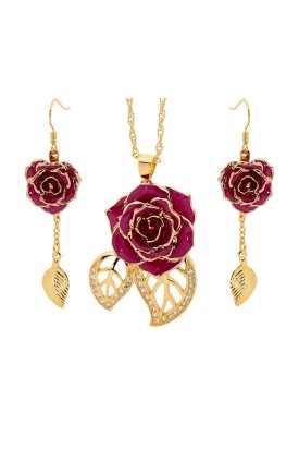 Purple Matched Set in Gold Leaf Theme. Tight Bud Rose, Pendant & Earrings