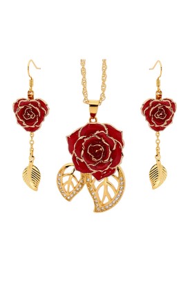 Red Matched Set in 24k Gold Leaf Theme. Tight Bud Rose, Pendant & Earrings