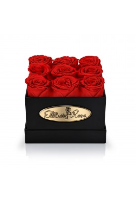 9 Preserved Red Roses. Square Black Display Box 